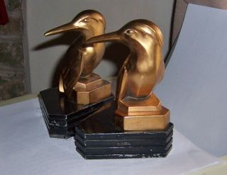 ANTIQUE ART DECO gold and black KINGFISHER BIRD STATUE SCULPTURE BOOKENDS 2