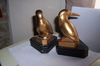 ANTIQUE ART DECO gold and black KINGFISHER BIRD STATUE SCULPTURE BOOKENDS 3