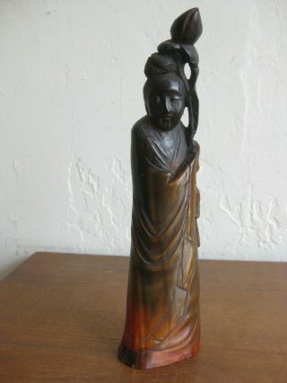 Fine Old Chinese Carved Ox Horn Guanyin Guan Kwan Yin Statue Carving Signed 9 "