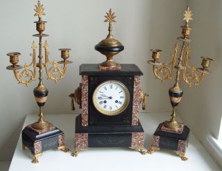 Antique French Black Slate And Marble Mantel Clock With Candelabras