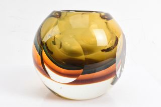 Vintage Amber & Clear Art Glass Heavy Sphere Bud Vase Paperweight Handmade V27