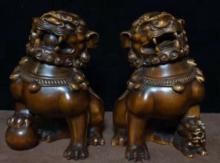 Collectable Decorative Handwork Old Boxwood Carve Exorcism Lion One Pair Statue