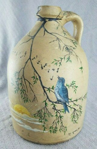 Antique Stoneware Jug With Blue Bird Sunrise Folk Art Painting