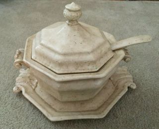 Vintage Tuscan Style Hand Painted Ceramic Soup Tureen With Underplate And Ladle