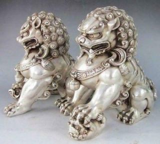 6 " Chinese Silver Bronze Fu Foo Dog Guardian Lion Statue Pair