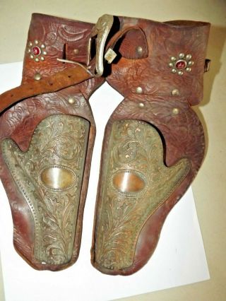 Antique Vintage Leather Cowboy Double Holster Belt For Cap Guns - Copper Pockets