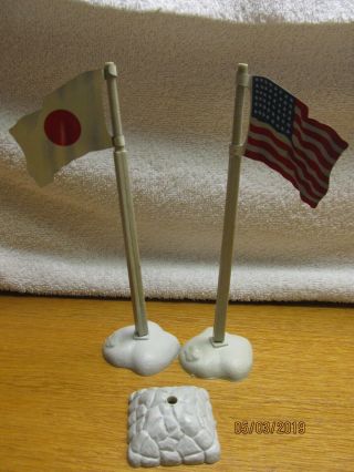 Vintage Marx World War 2 Japanese And American Flags,  Flag Poles And Bases