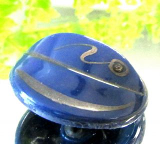 Unusual Art Deco Pinch Top Blue Glass Button W/ Silver Deposit Design C89