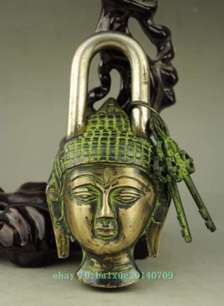 Old Tibet Bronze Shakyamuni Buddha Head Door Lock Unlocking Key Latch C01