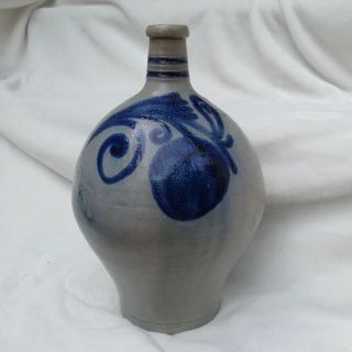 Antique Ceramic Stoneware Salt Fired Glaze Jug Bottle Cobalt Blue Fruit Unsigned