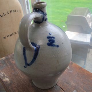 Antique Ceramic Stoneware Salt Fired Glaze Jug Bottle Cobalt Blue Fruit Unsigned 2