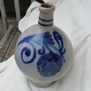 Antique Ceramic Stoneware Salt Fired Glaze Jug Bottle Cobalt Blue Fruit Unsigned 3