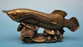 Chinese Old Copper Hand - Carved Coin Wealth Fish Statue /qianlong Mark F02