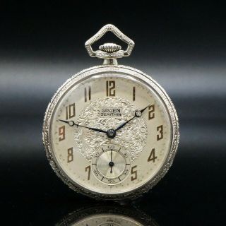 Rare 1926 Gruen Guild Semi Thin White Gold Filled Art Deco Pocket Watch Nr