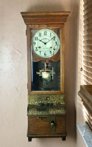 Antique International Time Recording Co.  Oak Wall Clock (IBM) Circa 1905 3