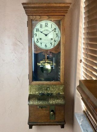 Antique International Time Recording Co.  Oak Wall Clock (IBM) Circa 1905 4