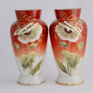 Antique Glass Mantle Vases - Hand Enamelled Poppies - 29.  2cm