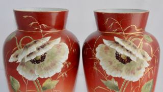 Antique Glass Mantle Vases - Hand Enamelled Poppies - 29.  2cm 2