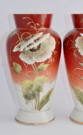 Antique Glass Mantle Vases - Hand Enamelled Poppies - 29.  2cm 3