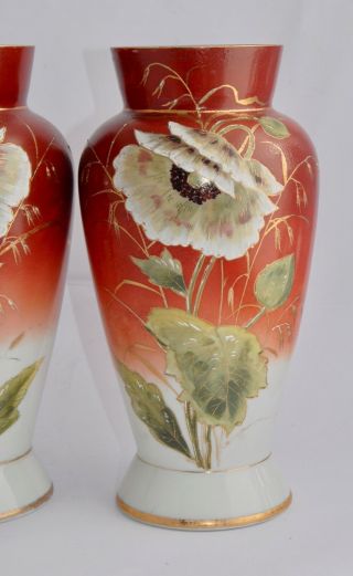 Antique Glass Mantle Vases - Hand Enamelled Poppies - 29.  2cm 4