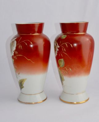 Antique Glass Mantle Vases - Hand Enamelled Poppies - 29.  2cm 5