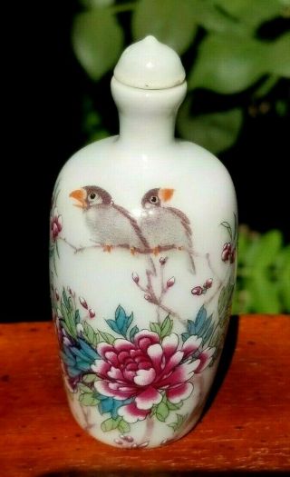 Antique Chinese Snuff Bottle Famille Rose Porcelain,  Hand Painted,  Red Leaf Mark