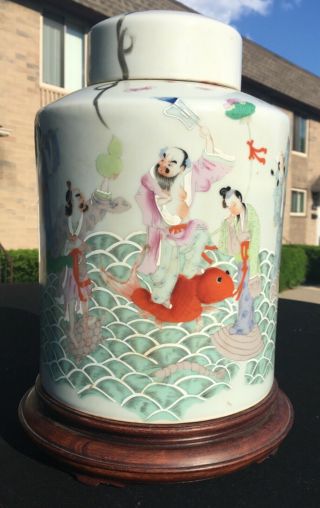 Fine Rare Old Chinese Pale Celadon Famille Rose 8 Immortals Porcelain Jar Vase
