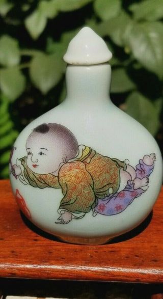 Antique Chinese Snuff Bottle Porcelain Lite Blue,  Fine Painted Detail,  19th C.