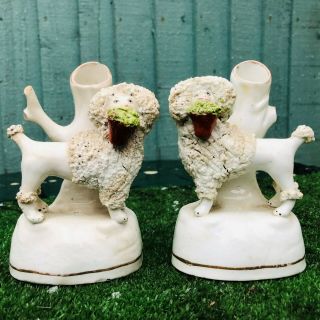Pair Mid 19thc Staffordshire Poodle Dogs With Baskets,  Spill Vases C1840s
