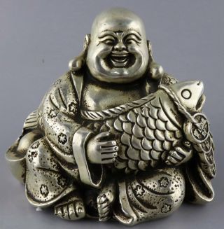 Collect Qianlong Old Tibet Silver Carve Buddha Embrace Fish Auspicious Statue