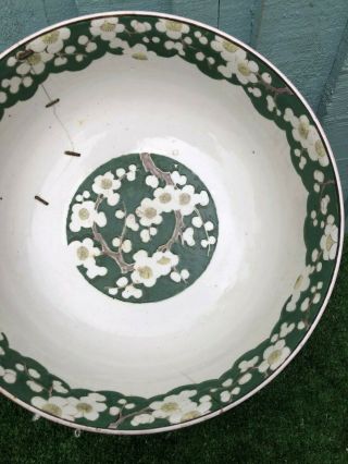 19thC CHINESE LARGE GREEN & WHITE BOWL WITH PRUNUS FLOWERS c1880s 6