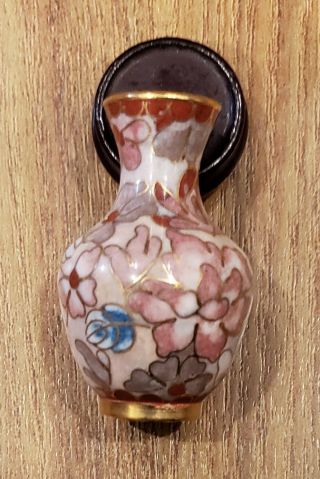 Miniature Chinese Cloisonne Enamel Vase With Wood Stand - 2 " Tall