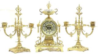 Antique French Mantle Clock Stunning Pierced Gilt Bronze 8 Day Garniture Set