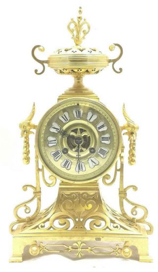 Antique French mantle Clock Stunning Pierced Gilt Bronze 8 Day Garniture Set 2