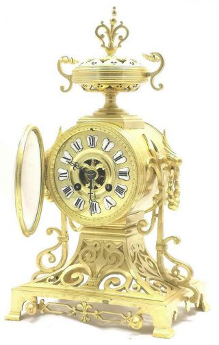 Antique French mantle Clock Stunning Pierced Gilt Bronze 8 Day Garniture Set 3