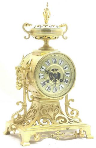 Antique French mantle Clock Stunning Pierced Gilt Bronze 8 Day Garniture Set 4