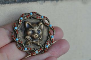 Antique brass buttons of France beautifulthe head of a cat and many stones 6