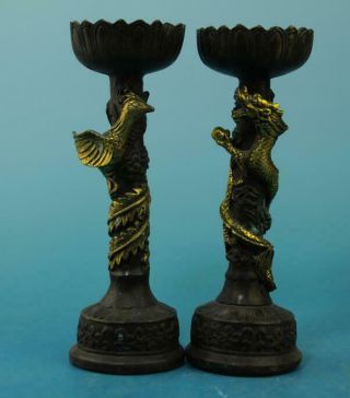 A Pair Chinese Old Hand - Carved Copper Gilding Longfengs Tatue Candlestick F01