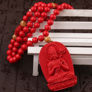 Natural Cinnabar Carving Chinese Mahasthamaprapta Guan Kwan Yin Pendant Necklace