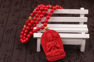 Natural Cinnabar Carving Chinese Mahasthamaprapta Guan Kwan Yin Pendant Necklace 4