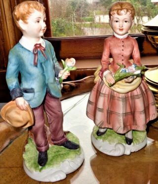 Antique Pair Porcelain Statues Boy & Girl Hand Painted & Signed 1900 - 1940