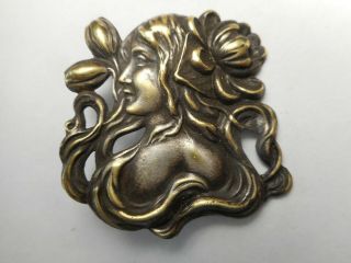 Art Nouveau Woman W/ Flowers Vintage Silver Brass Button 1 - 1/2 "