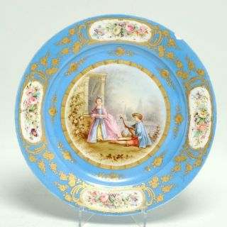 Antique French Celeste Blue Sevres Porcelain Plate Courting Couple Gilt Details