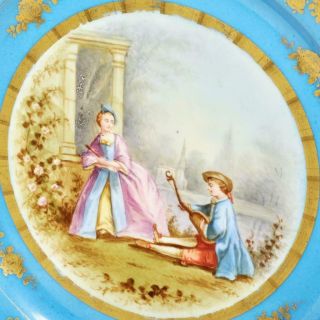 ANTIQUE FRENCH CELESTE BLUE SEVRES PORCELAIN PLATE COURTING COUPLE GILT DETAILS 5