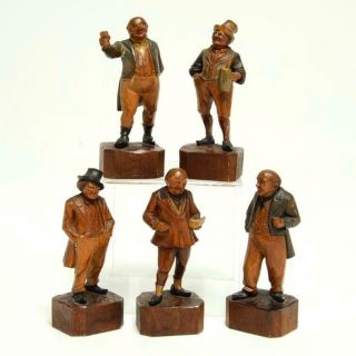 Group Of Five (5) Vintage Poss.  Antique Black Forest Wood Carvings Tavern Men