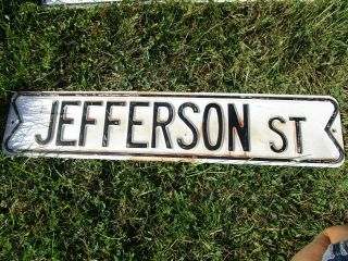 Antique Vtg Metal Street/road Sign Jefferson St.  Black/white Enamel 29x6 "