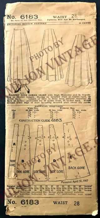 1915 Pictorial Review Skirt 6183,  Downton Abbey Fashion,  W28