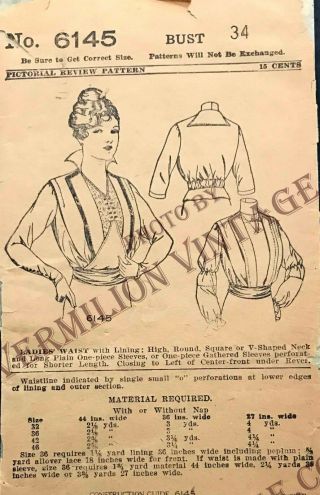 1915 Pictorial Review Bodice 6145,  Downton Abbey & World War I,  B34