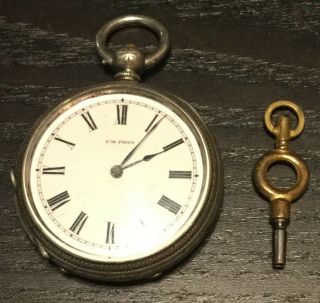 Antique Vintage F.  W.  Price Fine Silver Pocket Watch W/ Key -