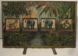 Old Metal African Hunter Target Game By Hoge York - Elephant Tiger Monkey